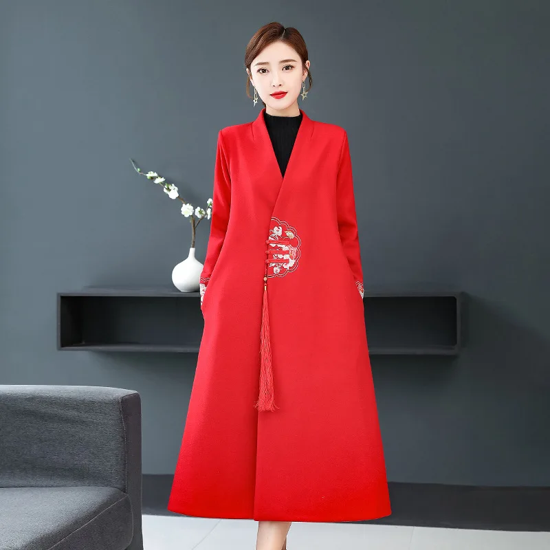 

Chinese-style Embroidered Woolen Dress Women's 2019 Winter New Style Slim Fit Improved Cheongsam Audrey Charen Service Long Skir