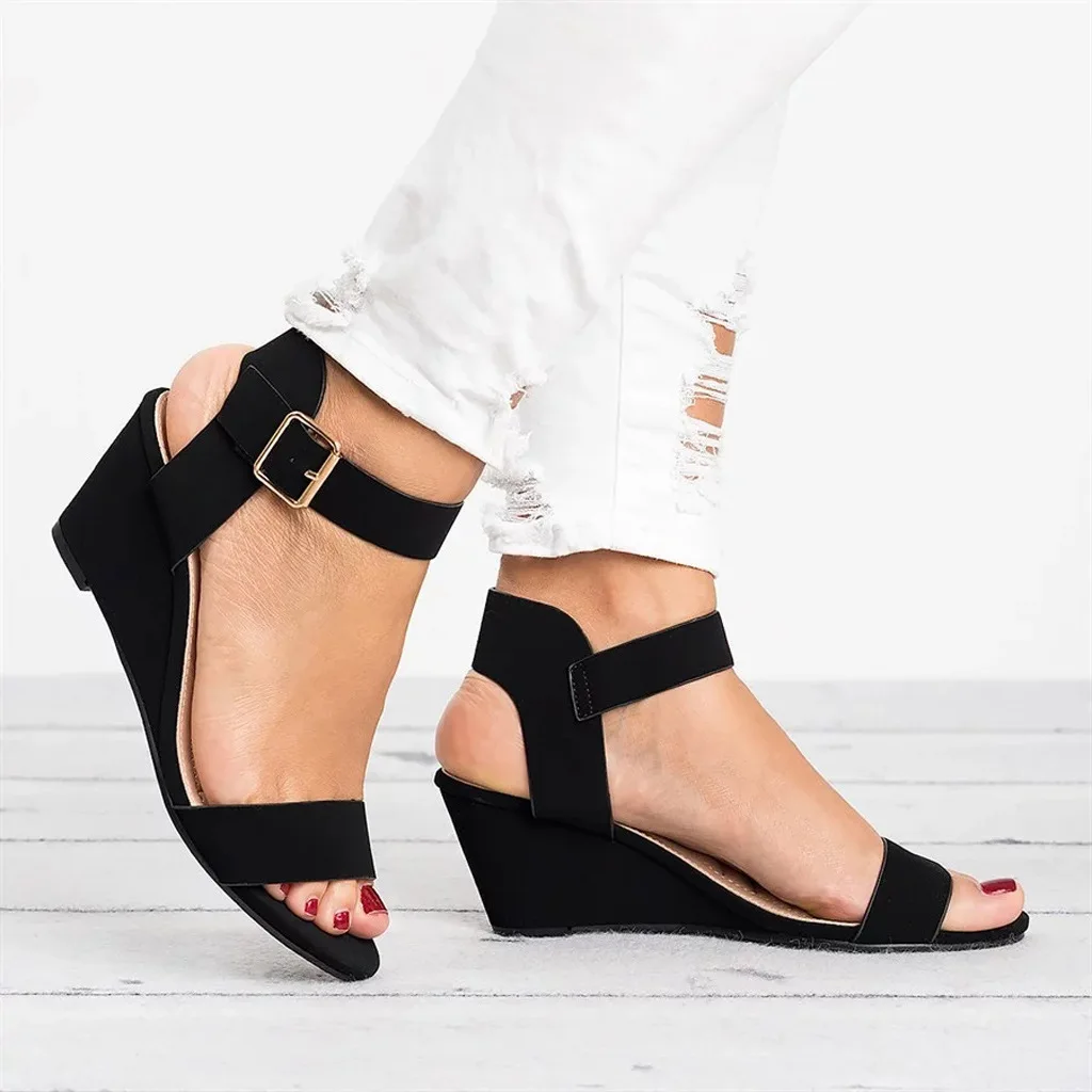 

Cross Border Foreign Trade Europe And America Large Size Wish AliExpress WOMEN'S Wedge Heels Semi-high Heeled Peep-Toe Buckle Ro