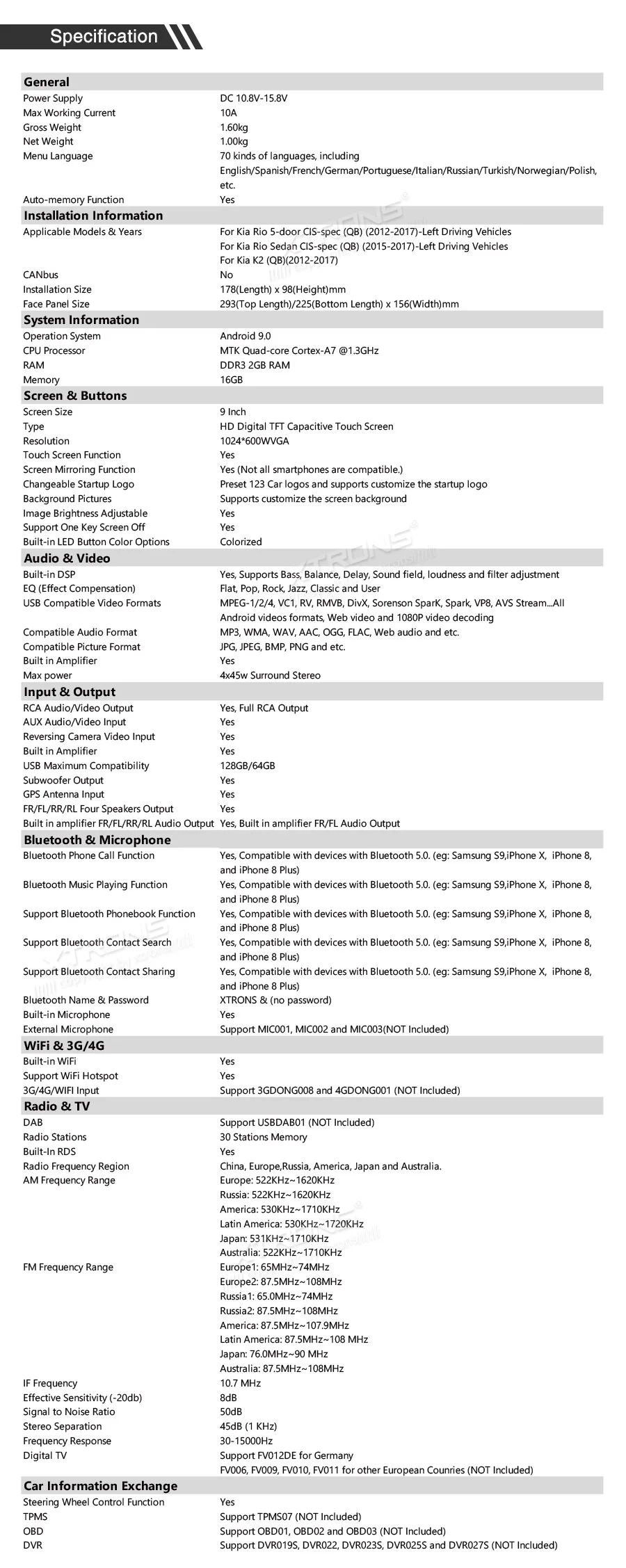 Best XTRONS 9"Android 9.0 IPS Screen Navigation Multimedia Player Built-in DSP Custom Fit for Kia Rio K2 (Left Hand Drive) RCA NO DVD 30