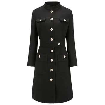 

black stand collar woolen coat women autumn winter vintage slim single breasted wool blends coat