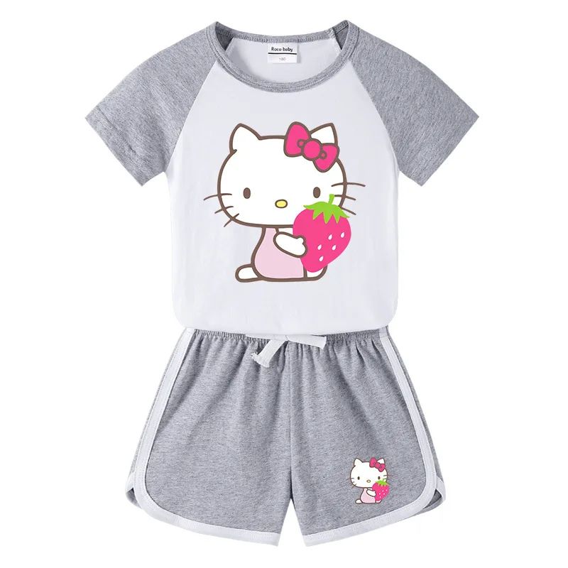 thumbnail image 1 of Hello Kitty-ropa transpirable de algodón puro para niños, conjunto de dos piezas, moda informal para niñas, pantalones cortos de manga corta, traje deportivo para niño, 1 of 4