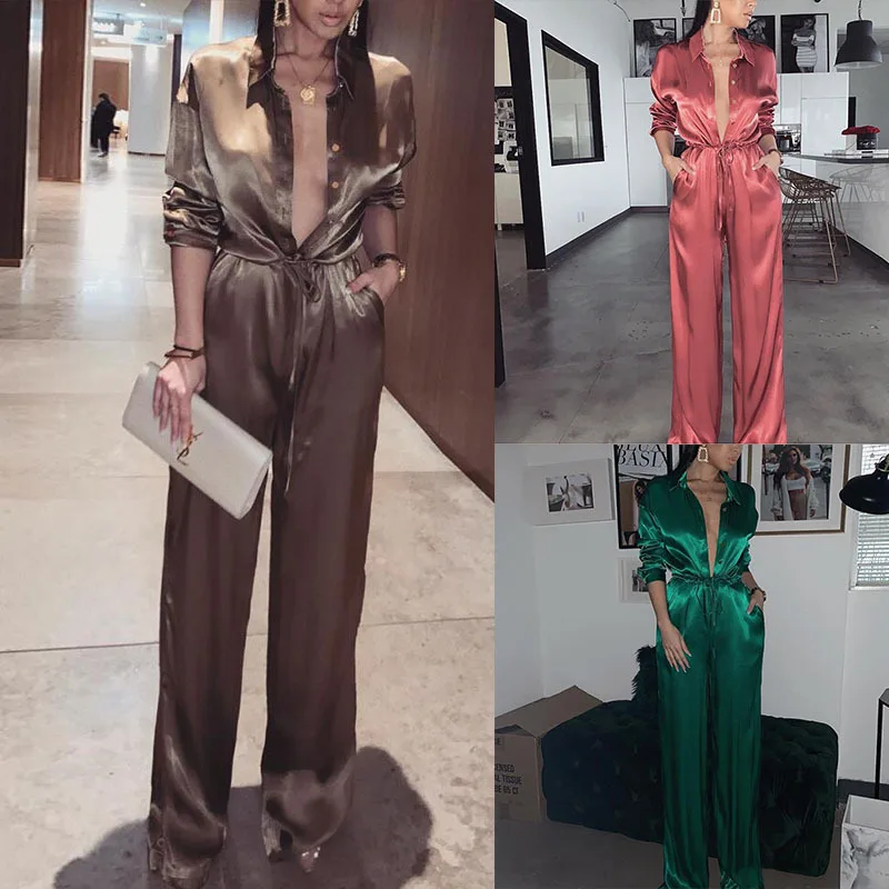 

Elegant Loose Night Party Jumpsuit Women 2019 Sexy Solid Lapel Deep V Neck Satin Bandage Playsuits Ladies Streetwear Plus Size