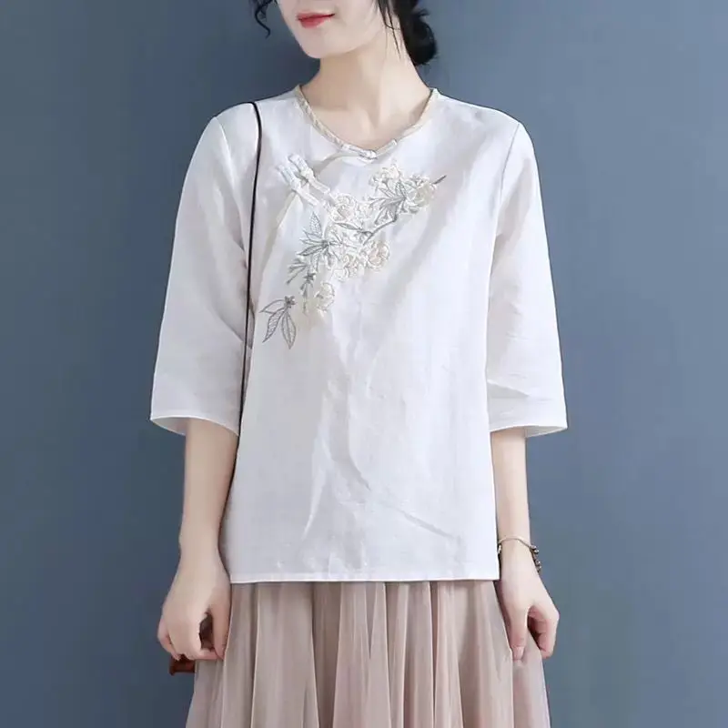 New Retro Chinese Women Blouse Traditional Vintage Oblique Shirt Zen Summer Oriental Woman Tops Mandarin Collar Cheongsam