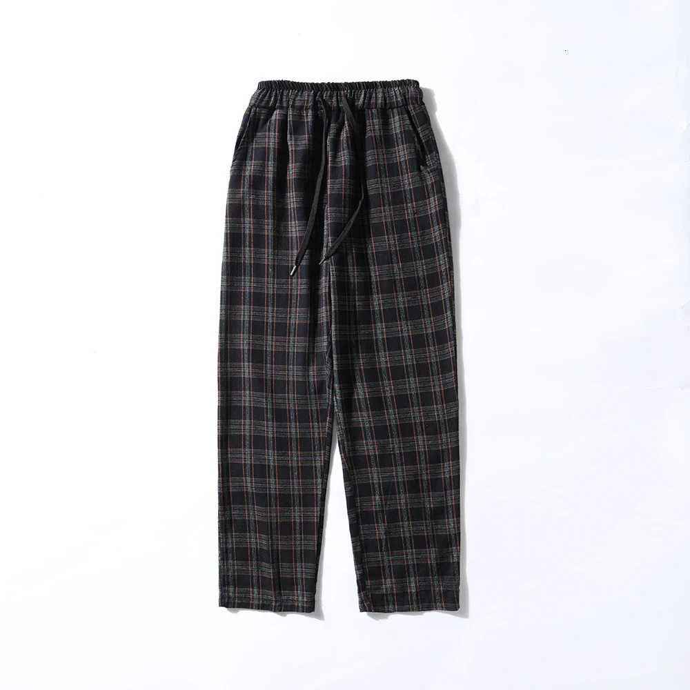 Зимние шерстяные брюки, мужские Модные Ретро повседневные клетчатые брюки, Мужская Уличная одежда, хип-хоп свободные прямые брюки с завязками, мужские M-2XL - Цвет: Black grid