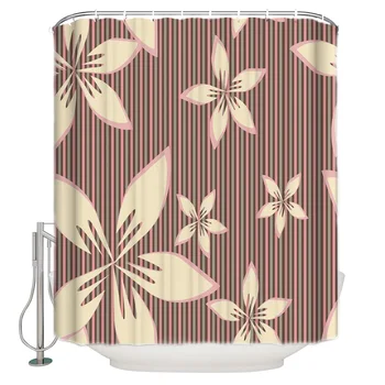 

Flowers Striped Yellow with Illustrations of Natural Beauty with Gold Glitter Polyester Bathroom Shower Curtain