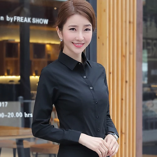 Korean Women Cotton Shirts White Shirt Women Long Sleeve Shirts Tops Office Lady Basic Shirt Blouses Plus Size Woman Blouse 5XL black
