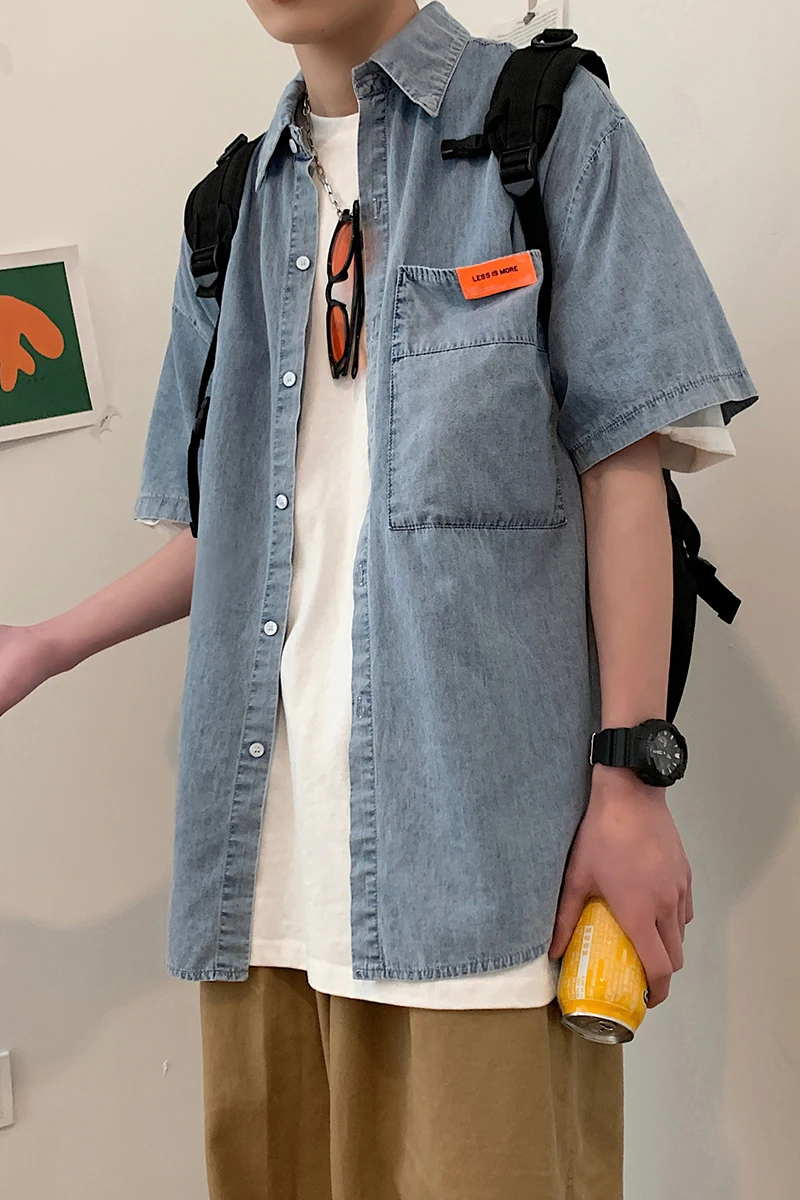 Washed Denim Shirts Men Streetwear 
