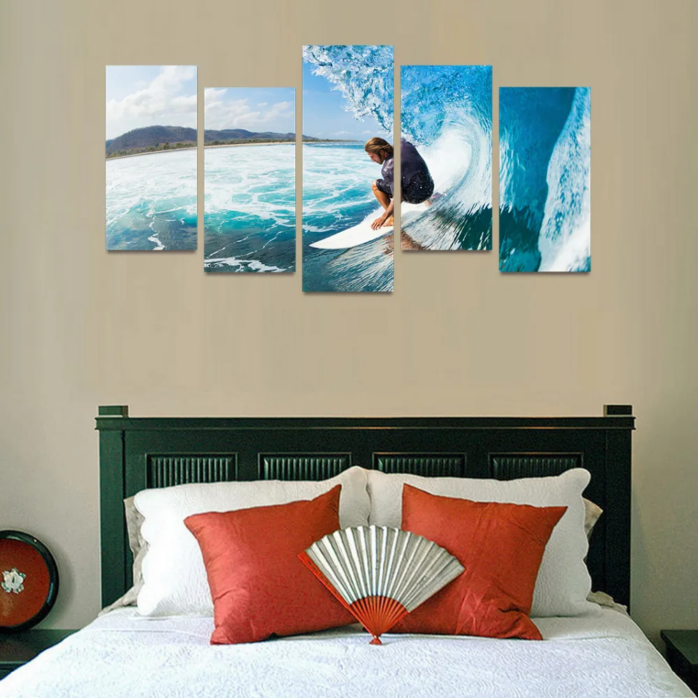 5 pieces Hd Printed Sea Wave Surfing Wall Art Painting Canvas Print Room Decor Print Poster Picture Canvas Vendor