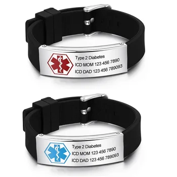 

Free Engraving Diabetic Medical Alert Bracelets Personalized Silicone Adjustable Waterproof Emergency ID Bracelets for Men Women