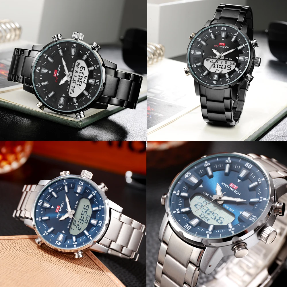 KAT-WACH Мужские часы от ведущего бренда, водонепроницаемые спортивные цифровые часы, мужские светодиодный часы из стали, военные кварцевые часы для мужчин, наручные часы