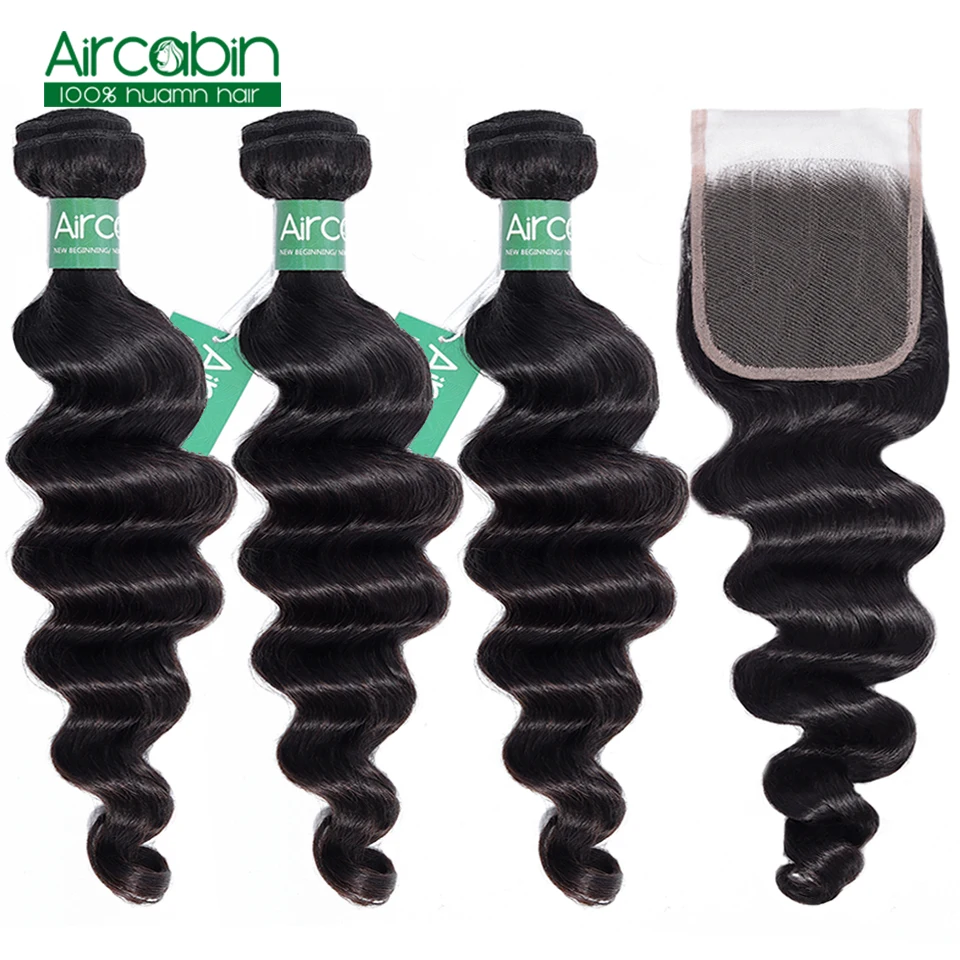 

Aircabin Indian Loose Deep Wave Bundles With Closure 100% Remy Human Hair 3 / 4 Weave Bundle Can Be Dyed