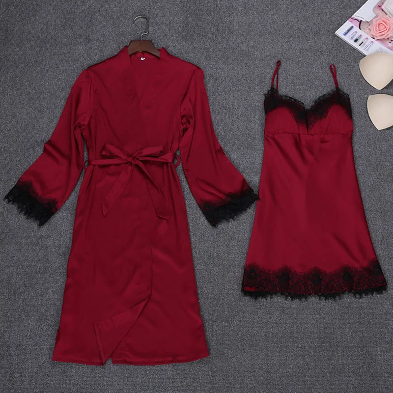 

2 Pieces/Set Women Sexy Robe Sets Solid Black Lace Silk-like Nightdress Casual Fashion Sleepwear Spring Summer Home Clothes