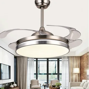 

42 Inch Invisible Modern Ceiling Fan with LED Light and Remote, 4 Retractable ABS Blades Fan Chandelier for Bedroom Diningroom