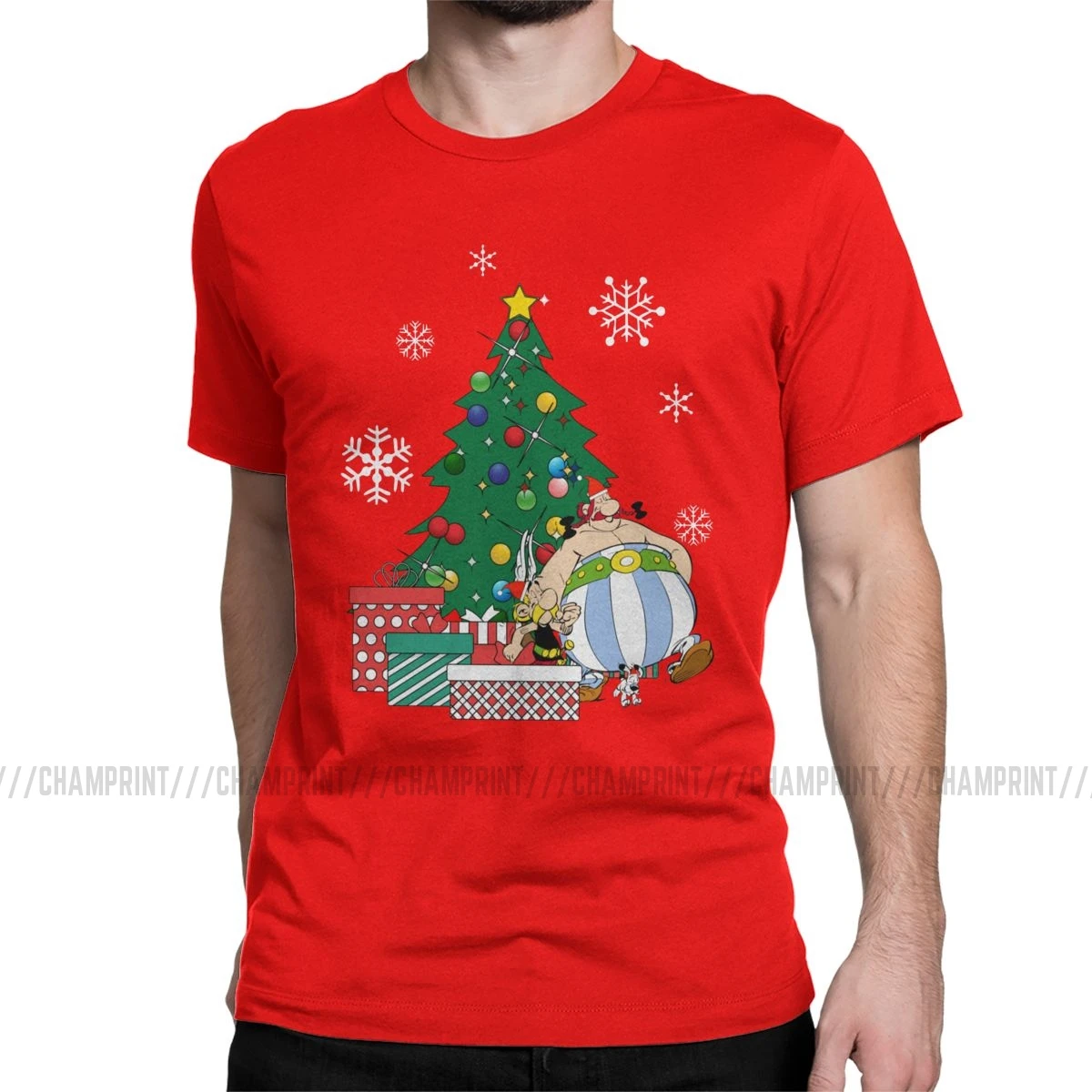 Мужская футболка Астерикс и Обеликс вокруг рождественской елки, хлопковые топы Getafix Dogmatix, футболка с коротким рукавом, подарок на день рождения, футболки - Цвет: Красный