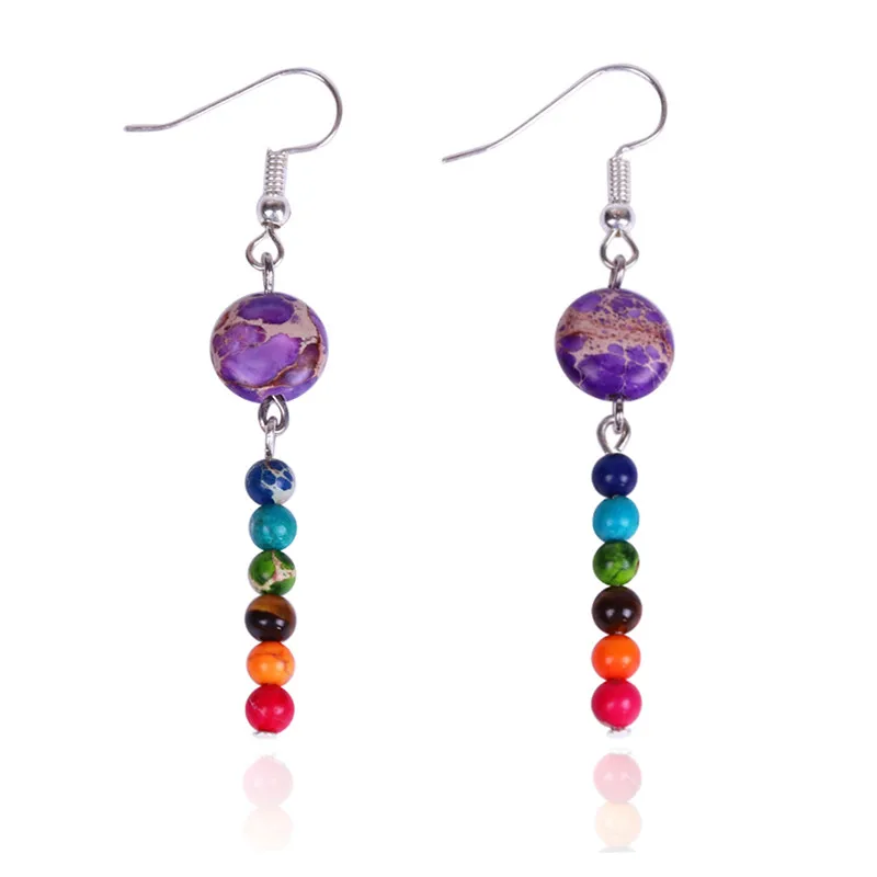 

New Design Chakra Earrings Multicolor Emperor Stone Dangling Earring Charms Energy Reiki Eardrop Women Healing Jewelry