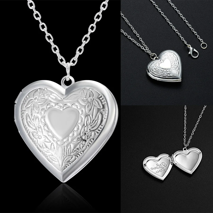 Diseño único tallado corazón-marco de fotos con forma colgante con abalorio, collares de medallón ajustables, joyería conmemorativa para hombres y mujeres