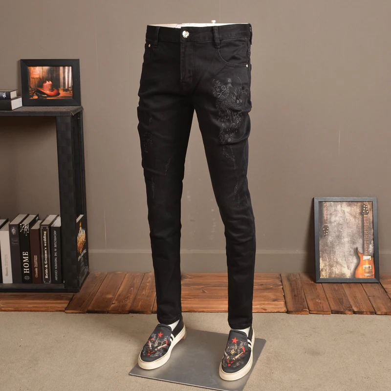 Jeans Peacock Embroidery Distressed Black Denim Men Fashion Stretch Straight Slim Fit Pants