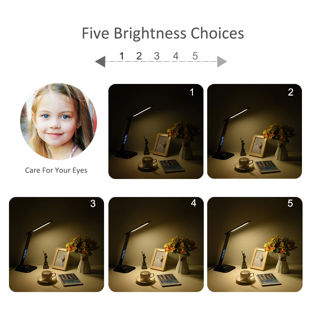 LEDGLE Настольная лампа с регулируемой яркостью USB, складная, 8 Вт, светодиодный светильник с сенсорным экраном, календарь, время и термометр для дома, офиса, светильник