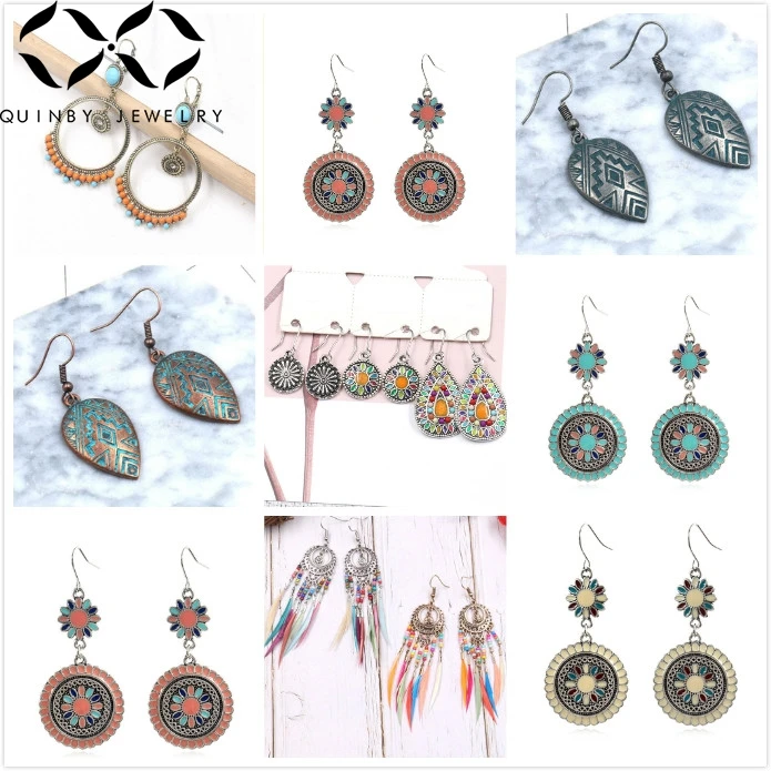 

Quinby Vintage Flower Earrings For Women Bohemia Enamel Earrings Big Drop Earrings Girl Feather eardrop long aretes Femme Q5