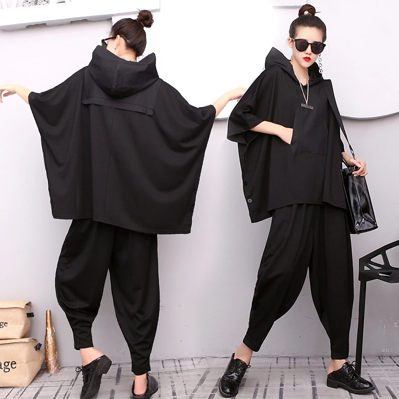 

2023 Hip Hop 2 Piece Set Autumn Size Tracksuit Hooded Tops + Harem Pants Woman Suit Female Cloak Bat New Conjuntos De Mujer