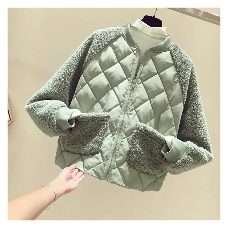 Хлопковая женская короткая куртка, Корейская версия, свободное хлопковое пальто из овечьей шерсти с ромбическим принтом, маленькая хлопковая куртка wi - Цвет: Зеленый