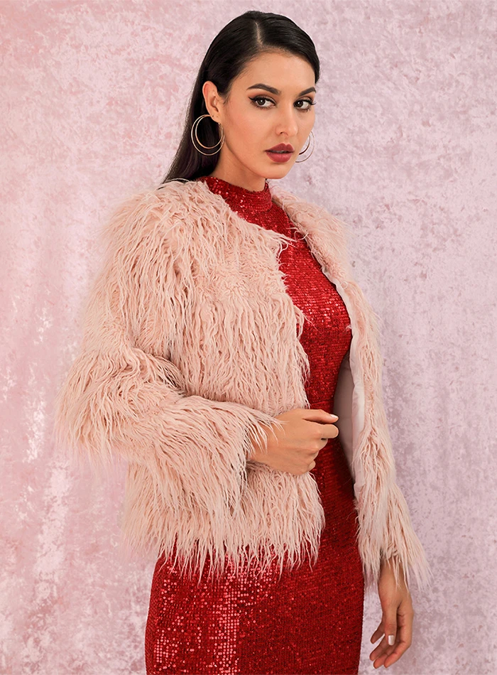 LOVE& LEMONADE сексуальное розовое искусственное меховое темное Полосатое короткое пальто с круглым вырезом LM90122 осень/зима
