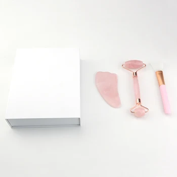 

Three-piece Face Massager Rose Quartz Roller Pink Crystal Roller Jade Roller Scraper Mask Brush Beauty Face-lifting Tool