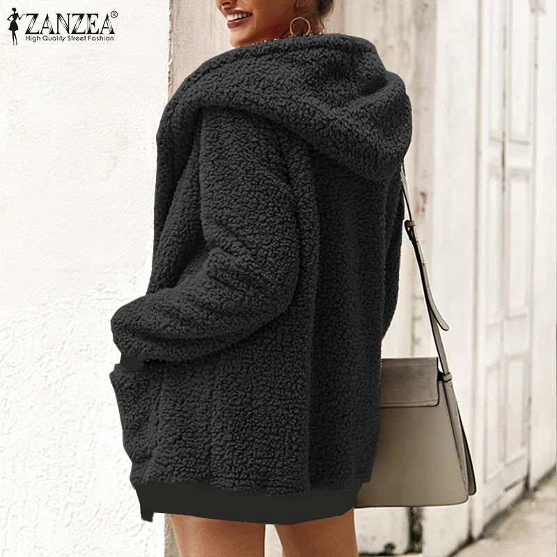Женское пальто из искусственного меха, куртки, модное однотонное пальто ZANZEA, Женская Повседневная теплая верхняя одежда с капюшоном и длинным рукавом, кардиган, пальто плюс