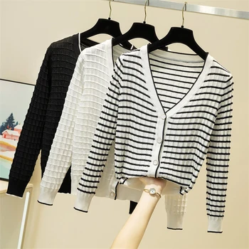 

AOSSVIAO Women Knitted Cardigan Coat Thin Striped 2020 Casual V-Neck Long Sleeve Crochet Knit Sweater Coat Female Tops