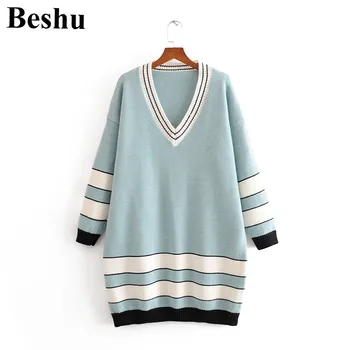 

za 2020 fashion knitted dress women angola 2-colors V-neck contrasting striped over-knee dress female loose raglan sleeve mujer