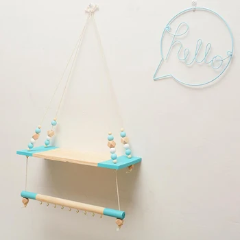 

Nordic Children Room Decorative Storage Rack Double Wooden Bead Tassels Shelves Wall Rope Hanging Shelf Home Hook Kids Coat Rack