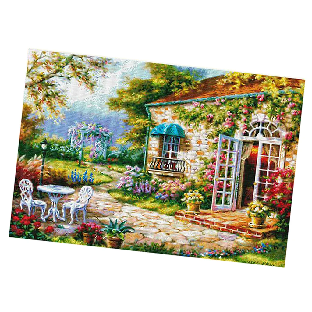 Stamped Cross Stitch Kit 11CT Embroidery Cloth Pre-Printed Garden House Pattern DIY Needle Crafts for Adults Beginners