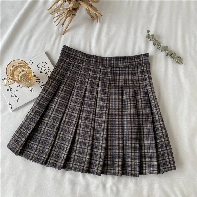 Korean Style Plaid Pleated Skirt Female Spring and Autumn High Waist Thin A-line Short Skirt Student Woolen Summer Skirt