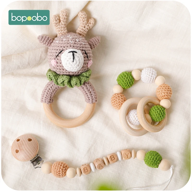 Bopoobo 1pc Baby Rattles Crochet Bunny Rattle Toy Wood Ring Baby Teether Rodent Baby Gym Mobile Rattles Newborn Educational Toys
