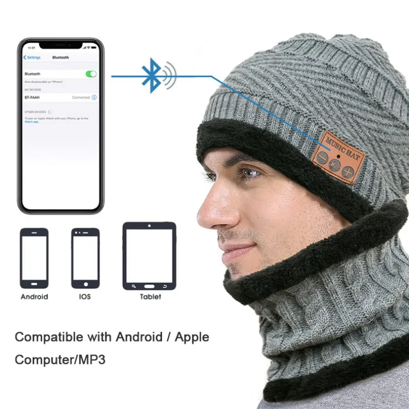 Вязаная шапка комплект шарфа для Bluetooth V4.2 для женщин и мужчин Зимние Тепловые музыкальные наушники бини с наушниками головной убор гарнитура