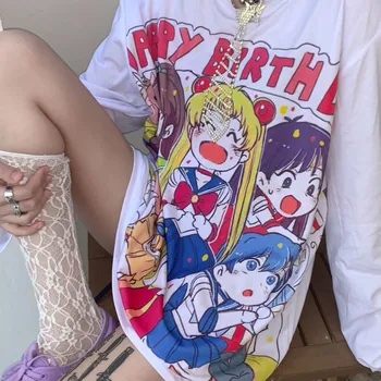 

Long Sleeved shirts tops Harajuku Japanese cartoon printing student girls loose T-shirt female Solid bottoming pullover