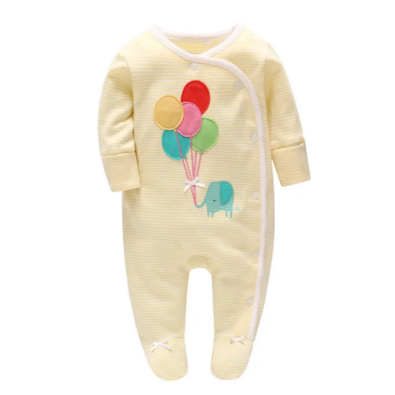 

Picturesque Childhood Newborn Baby Yellow Stripes Balloon and Elephant Print Footies Pure Cotton Clothes Infant Casual Outfits