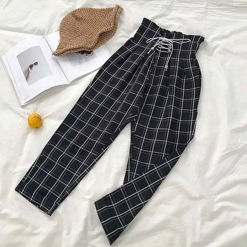 Gentillove Harajuku High Waist Plaid Lace Up Pants Ankle Length Casual Loose Harem Pants Women Fashion Office Lady Trousers - Цвет: Черный