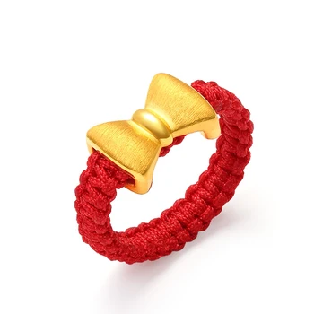 

Real Pure 24K Yellow Gold 3D Bow Red Weaving Band Women Girl Thin Ring US 5-10