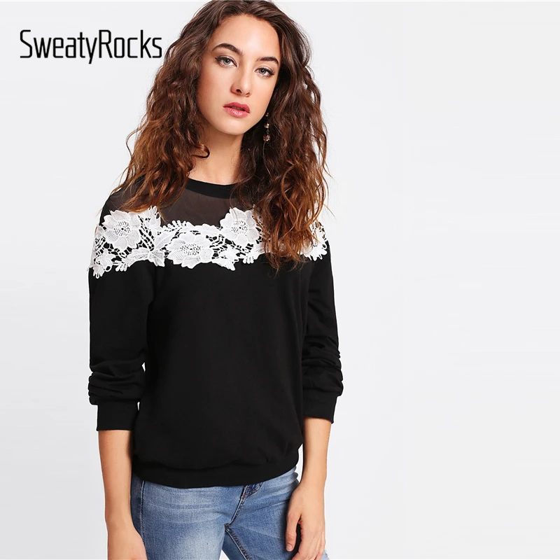 Свитер SweatyRocks с черной сеткой, кружевной пуловер с аппликацией, топы, осень, эластичный прозрачный свитшот, Повседневная Уличная Толстовка