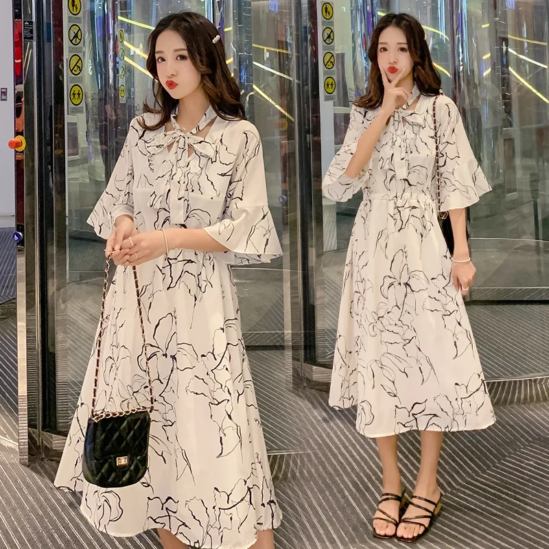 

Nursing fu gu qun Women's Maternity Clothes Chiffon Printed One-piece Dress 2019 chun chao Fairy French Mid-length over-the-Knee