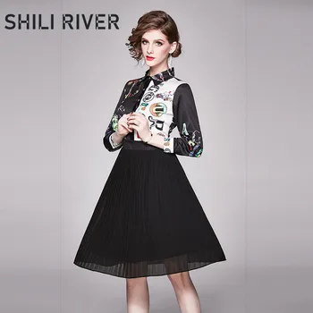 

New spring autumn knee length dress for women long sleeve slim cute vintage black elegant print pleated swing dress with collar