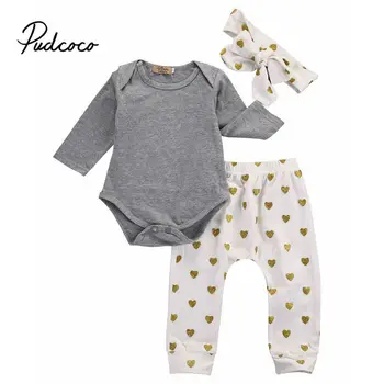 

pudcoco 2019 Baby Girls Boys Clothes Newborn For Female Outfit Infant Clothing Set Gray Bodysuit + Chirldren Pant + Headband Kid