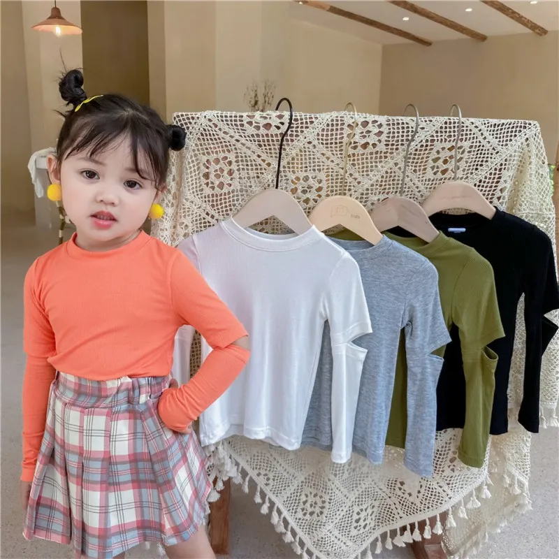 

Girls T-shirts Autumn Kids Girls Boys Solid Color Bottom Tops Baby Children Clothes Blouse Candy Long Sleeve Pullover