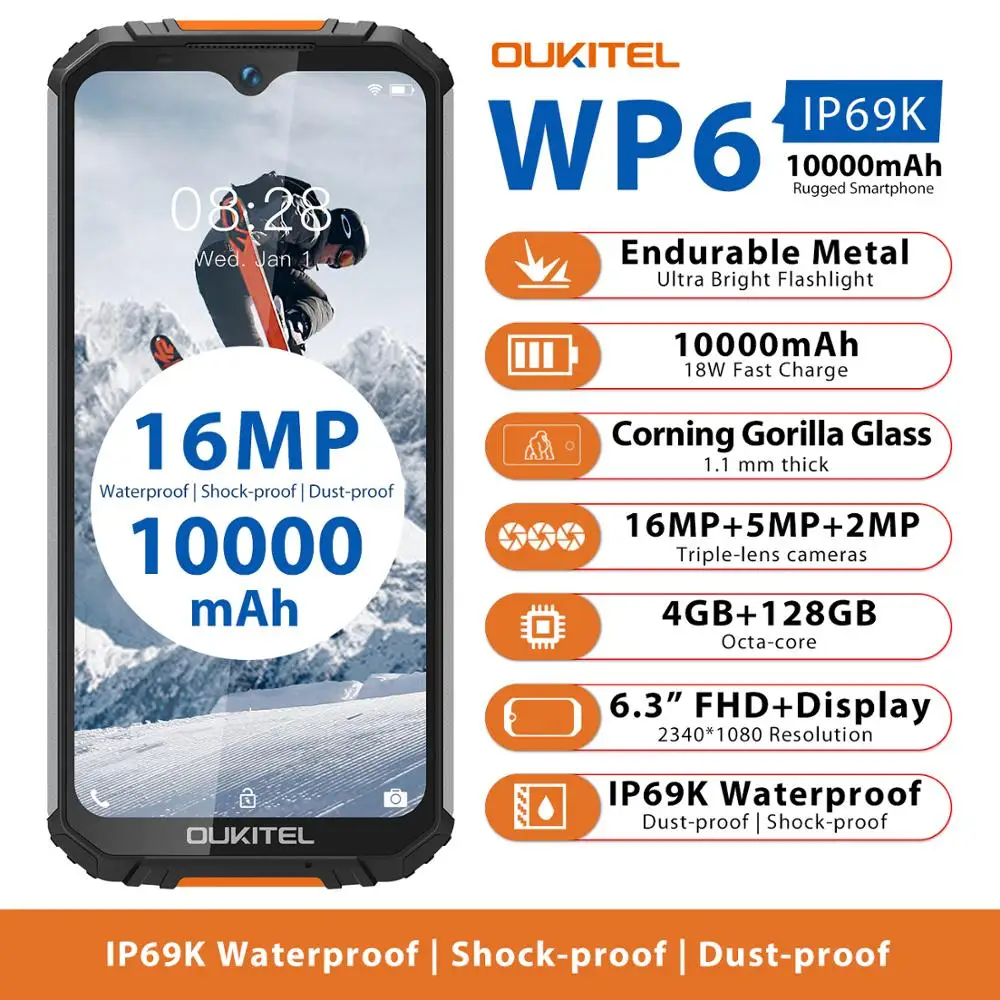 Смартфон OUKITEL WP6 10000 мАч 6 3 дюйма FHD + IP68 4 128 ГБ 8 ядер тройная камера 16 МП|Смартфоны| |