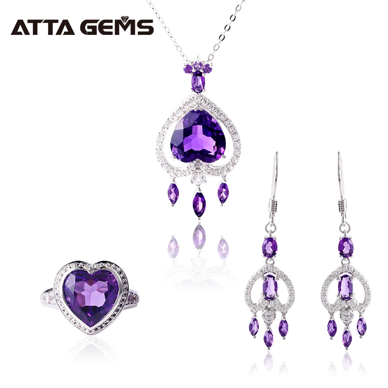 

Amethyst Sterling Silver Jewerly Set Women Fine Jewelry Hearts Design Romantic Style Wedding Set Created Amethyst Purple Crystal