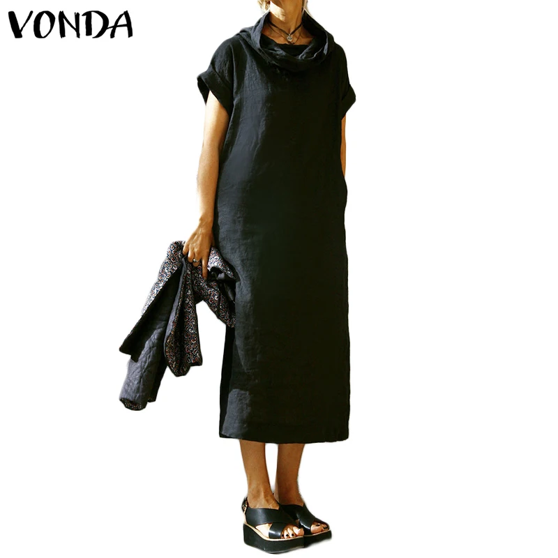 VONDA, женское платье, повседневное, короткий рукав, водолазка, платье размера плюс, свободный сарафан, лето, богемное платье для женщин, Vestidos S-5XL - Цвет: Черный