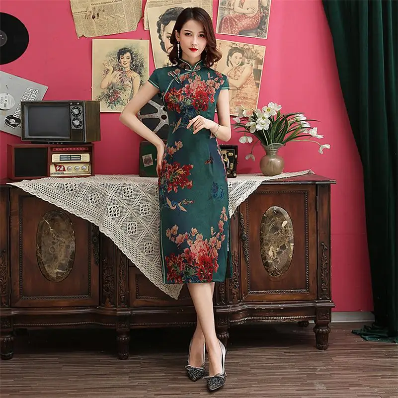 Винтажное женское платье Ципао с цветочным принтом в классическом китайском стиле, элегантное тонкое вечернее платье размера плюс M-4XL