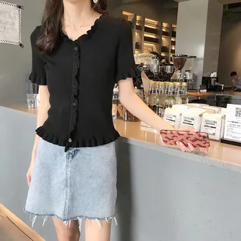 

JS2152J-New Slim V-neck Solid Color Wild Knit Cardigan Korean Retro Very Fairy Short Sleeve T-shirt Women