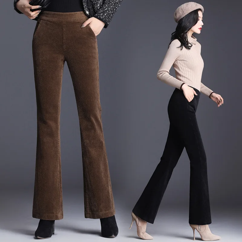 2019 Autumn Winter Corduroy Flare Pants Women High Waist Wide Leg Plus Size Office Lady Trousers bell bottoms | Женская одежда
